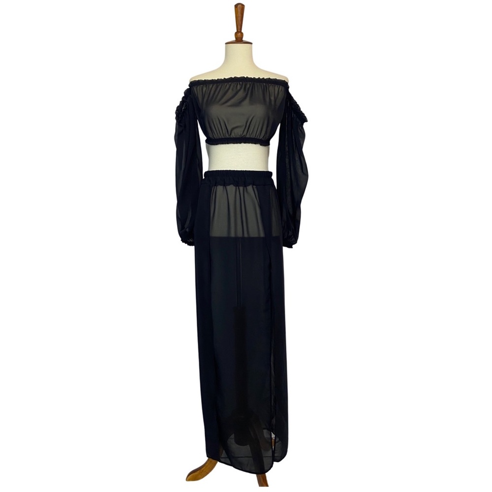 Sexy Black 2 Pcs Crop Top with Maxi Skirt Beach Coverup - Picture 9 of 15